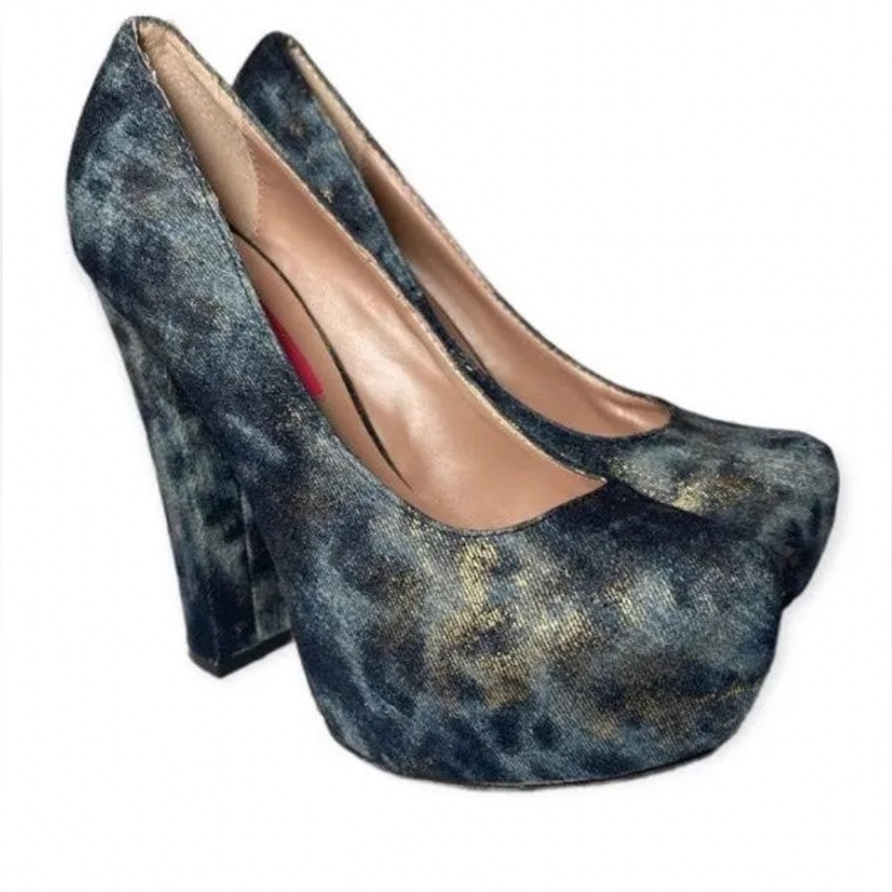 Betsey Johnson Denim and Gold Platform Heels